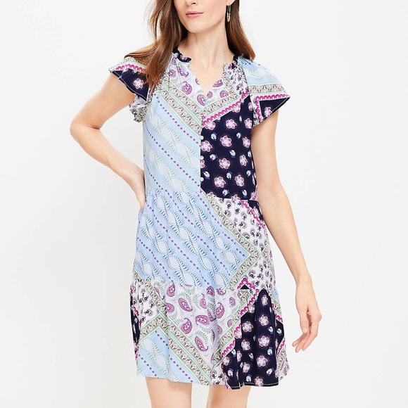 NWT Loft Blue and Purple Short Flutter Cap Sleeves Patchwork Tiered Swing Dress - Picture 1 of 11
